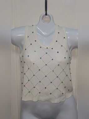 Women's White Knit Sweater Vest L Rhinestone Sleeveless Layering Top Preowned